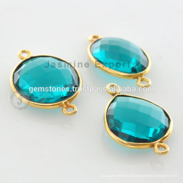 Handgefertigte Gold Vermeil Teal Quarz-Lünette Einstellung Natur Edelstein-Anschluss